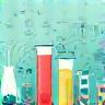 Illustration representing chemical formulas and innovation in cosmetic R&D.